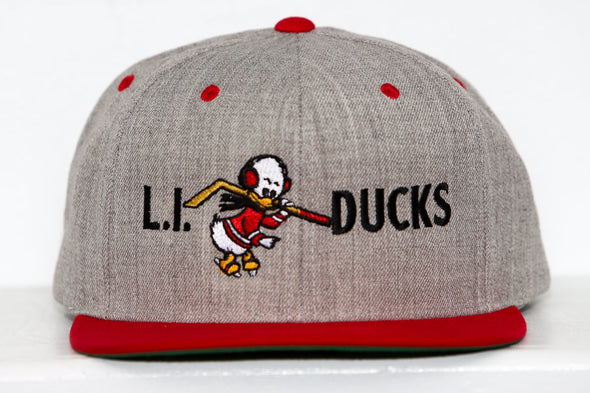 Gray and red Long Island Ducks snapback hat with embroidered cartoon duck holding a hockey stick on front panel