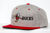 Long Island Ducks snapback hat with team mascot and logo in red and gray colors, branded sportswear accessory