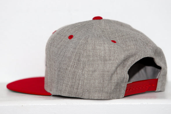 Grey and red Long Island Ducks snapback hat showing the back adjustable strap and vent holes on white background