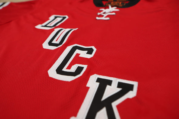 Long Island Ducks 1965-66 Jersey (BLANK) in red with vintage bold white and black lettering spelling DUCK on front panel