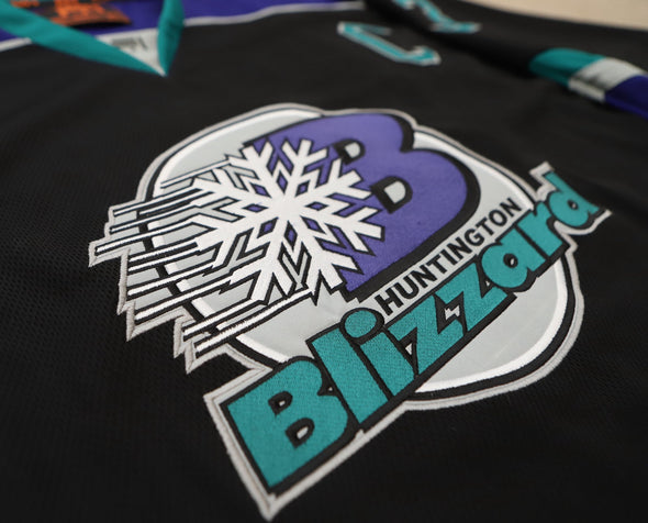 Huntington Blizzard™ Black Jersey (CUSTOM - PRE-ORDER) with vintage style embroidered snowflake and bold team logo design