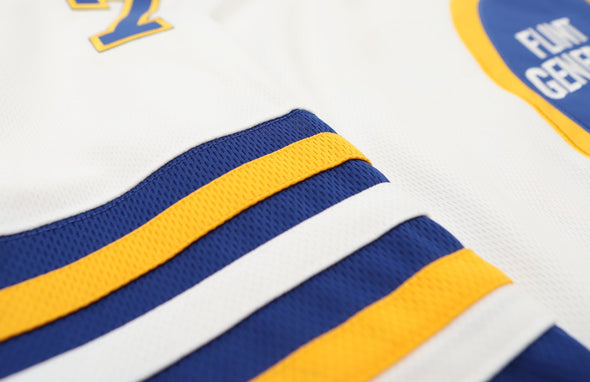 Flint Generals™ 1975-76 White Jersey (CUSTOM - PRE-ORDER) with vintage hockey striping and detailed fabric texture close-up