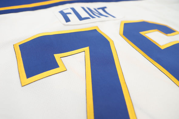 Flint Generals™ 1975-76 White Jersey (CUSTOM - PRE-ORDER) with retro blue and yellow number 76 and FLINT name patch