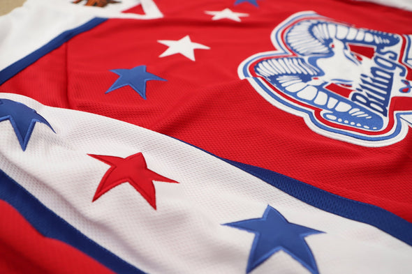 Billings Bighorns Red Jersey (BLANK) with multi-colored stars and detailed vintage hockey-inspired chest logo design