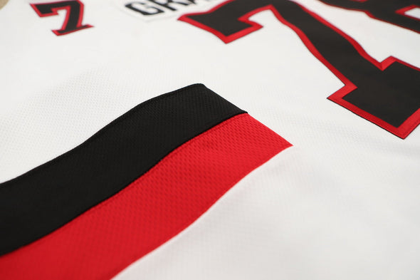 Grand Rapids Owls™ 1978-79 White Jersey (CUSTOM - PRE-ORDER) close-up of retro vintage hockey sleeve stripes and fabric texture
