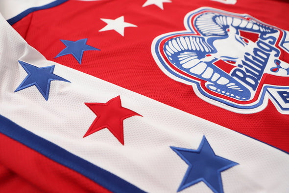 Billings Bighorns Red Jersey (BLANK) featuring retro multi-colored stars and vintage hockey style on red fabric