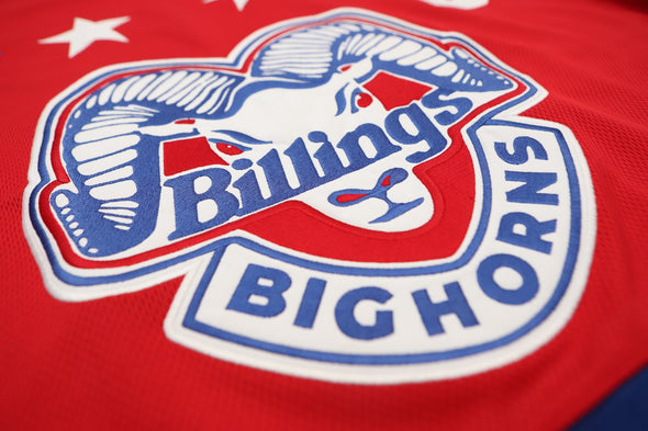 Billings Bighorns Red Jersey (BLANK) with vintage multi-colored star chest design and detailed team logo embroidery