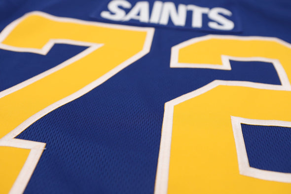 Minnesota Fighting Saints Jersey (CUSTOM - PRE-ORDER) in blue with yellow number 72 and vintage hockey style font