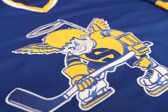 Minnesota Fighting Saints Jersey (BLANK) in blue with vintage retro saint logo and classic 1970s hockey design