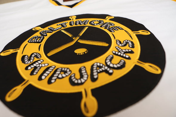 Baltimore Skipjacks 1982-83 White Jersey (BLANK) with vintage hockey ship wheel logo on front panel design