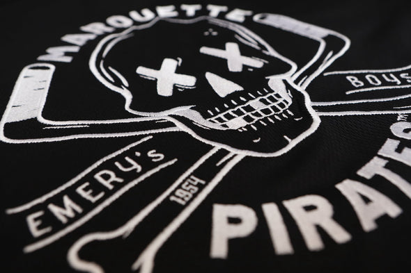 Marquette Pirates™ Jersey (BLANK - PRE-ORDER) featuring vintage skull and crossed hockey sticks embroidered design in black