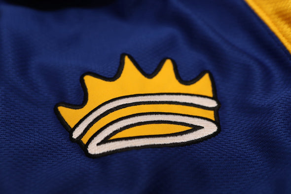 Lubbock Cotton Kings Jersey (BLANK) in blue with yellow and white embroidered crown logo on chest, retro hockey style