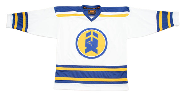 New Haven Nighthawks 1970s Jersey (BLANK) in white with blue and yellow retro hockey design on front panel and sleeves