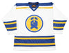 New Haven Nighthawks 1970s Jersey (BLANK) in white with blue and yellow stripes and vintage hockey logo design
