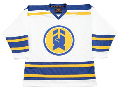 New Haven Nighthawks 1970s Jersey (BLANK) in white with blue and yellow stripes and vintage hockey logo design
