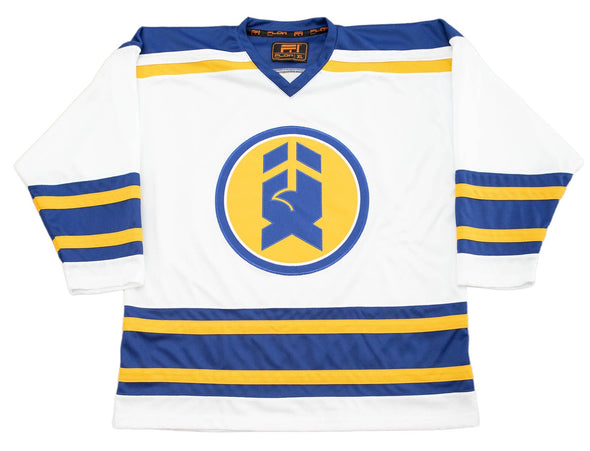 New Haven Nighthawks 1970s Jersey (BLANK) in white with blue and yellow stripes and vintage hockey logo design