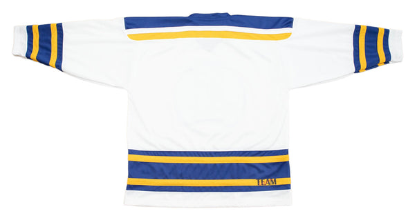 New Haven Nighthawks 1970s Jersey (BLANK) in white with blue and yellow stripes, vintage hockey style design