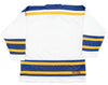 New Haven Nighthawks 1970s Jersey (BLANK) in white with blue and yellow retro hockey striping, blank back design