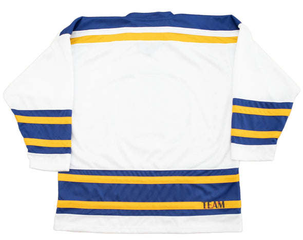 New Haven Nighthawks 1970s Jersey (BLANK) in white with blue and yellow retro hockey striping, blank back design