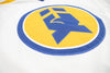 New Haven Nighthawks 1970s Jersey (BLANK) in white with blue and yellow retro hockey logo patch close-up