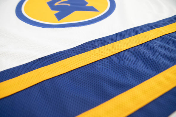 New Haven Nighthawks 1970s Jersey (BLANK) in blue and yellow with vintage hockey logo and retro design details