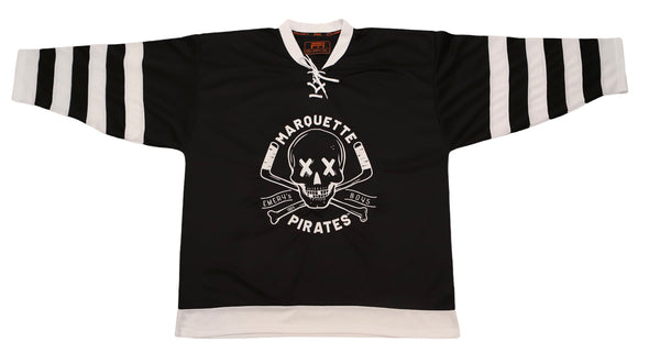Marquette Pirates™ Jersey (BLANK - PRE-ORDER) in black with white stripes and vintage hockey skull and crossed sticks logo
