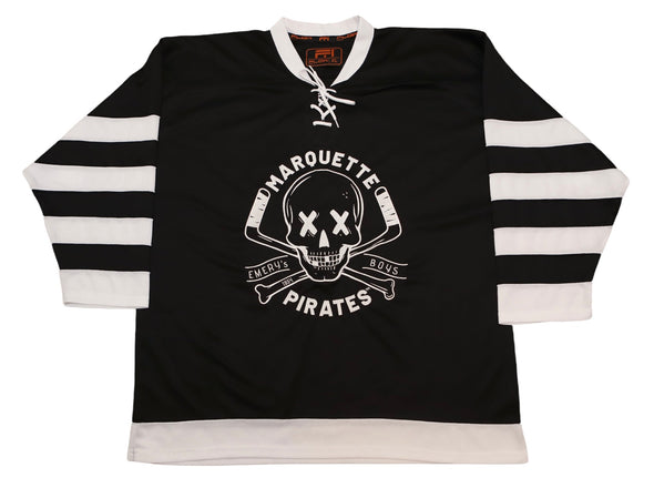 Marquette Pirates™ Jersey (BLANK - PRE-ORDER) in black with retro skull and crossed bone graphic on front panel