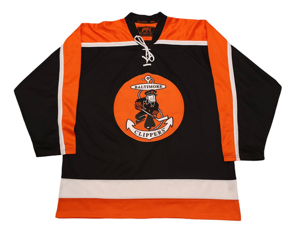 Baltimore Clippers® 1960s Black Jersey (BLANK) with retro orange and white accents and vintage hockey logo on front panel