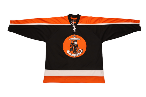 Baltimore Clippers® 1960s Black Jersey (BLANK) with vintage hockey logo, orange and white trim, retro style design