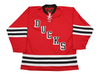 Long Island Ducks 1965-66 Jersey (BLANK) in red with vintage retro hockey style and black and white stripes on sleeves and hem