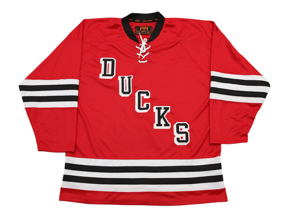 Long Island Ducks 1965-66 Jersey (BLANK) in red with vintage retro hockey style and black and white stripes on sleeves and hem