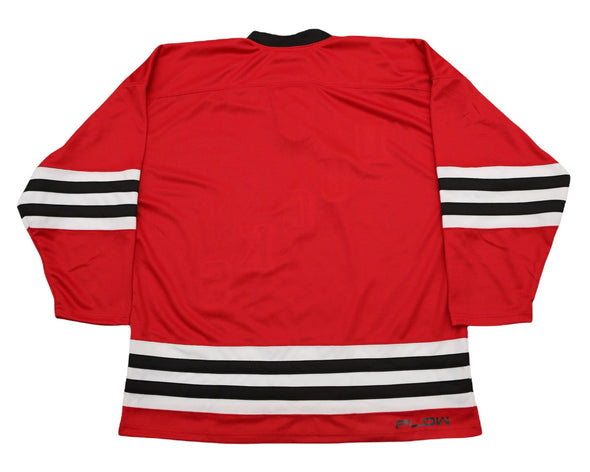 Long Island Ducks 1965-66 Jersey (BLANK) in red with black and white stripes on sleeves and waist, vintage style jersey back view