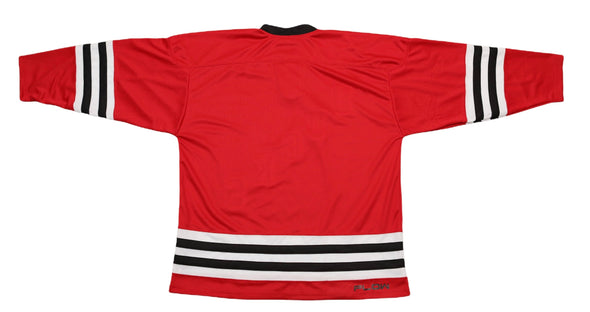 Long Island Ducks 1965-66 Jersey (BLANK) in red with black and white vintage hockey style stripes on sleeves and waist