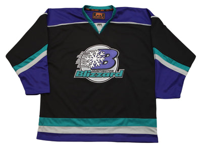 Huntington Blizzard™ Black Jersey (BLANK) with vintage 90s hockey logo in black, teal, and purple retro style