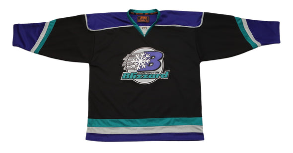 Huntington Blizzard™ Black Jersey (BLANK) with retro hockey logo in black, teal, and purple vintage style design