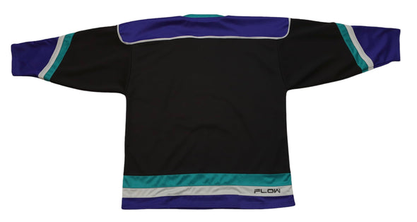 Huntington Blizzard™ Black Jersey (BLANK) in black with teal and purple retro hockey color scheme, back view design