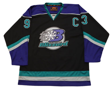 Huntington Blizzard™ Black Jersey (CUSTOM - PRE-ORDER) in black with retro logo, teal and purple stripe accents, vintage style