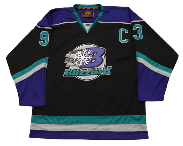 Huntington Blizzard™ Black Jersey (CUSTOM - PRE-ORDER) in black with retro logo, teal and purple stripe accents, vintage style