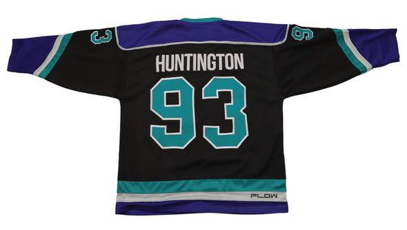 Huntington Blizzard™ Black Jersey (CUSTOM - PRE-ORDER) with retro hockey style and teal, purple accent details on back with number 93