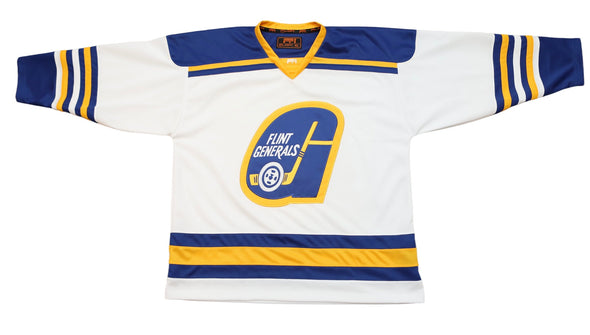 Flint Generals™ 1975-76 White Jersey (BLANK) with vintage hockey logo and retro team colors on full-sleeve design