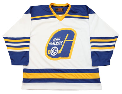 Flint Generals™ 1975-76 White Jersey (BLANK) with retro vintage hockey logo and blue and yellow striped design
