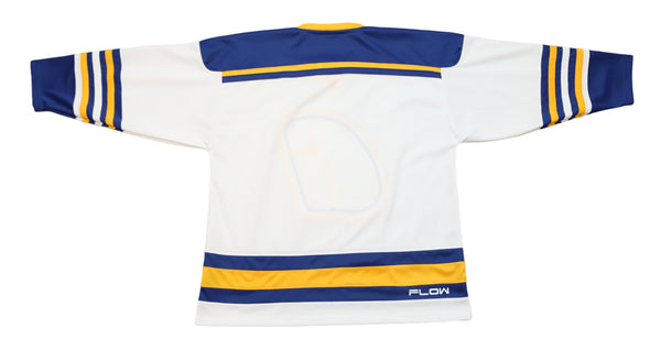 Flint Generals™ 1975-76 White Jersey (BLANK) with retro vintage hockey style and blue and yellow stripe details on sleeves and hem