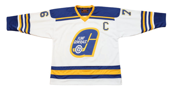Flint Generals™ 1975-76 White Jersey (CUSTOM - PRE-ORDER) with vintage hockey logo and blue and gold striping design
