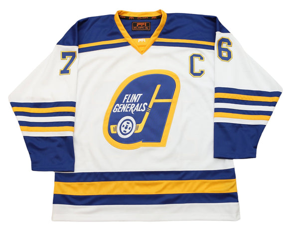 Flint Generals™ 1975-76 White Jersey (CUSTOM - PRE-ORDER) with vintage hockey logo and blue yellow striping design