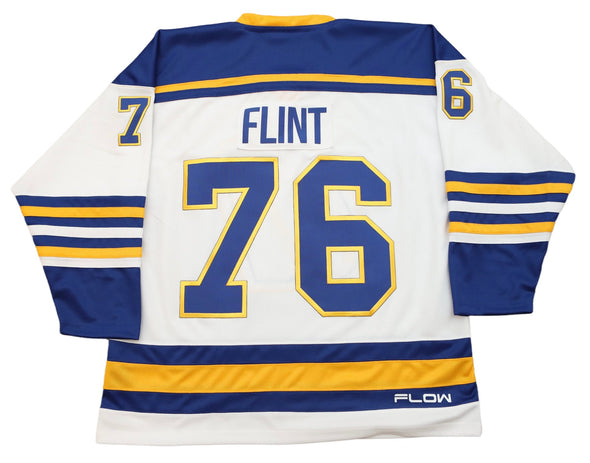 Flint Generals™ 1975-76 White Jersey (CUSTOM - PRE-ORDER) with vintage retro hockey style and bold blue and yellow striping