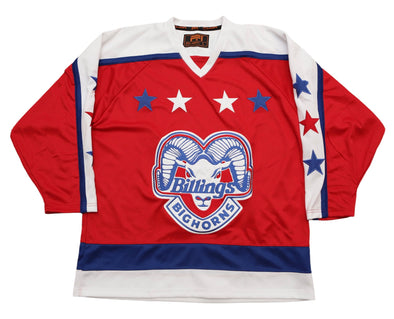 Billings Bighorns Red Jersey (BLANK) with vintage multi-colored stars and classic retro hockey style design