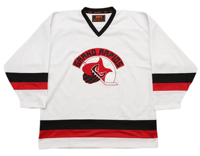 Grand Rapids Owls™ 1978-79 White Jersey (BLANK) with vintage hockey helmet logo and retro striped design