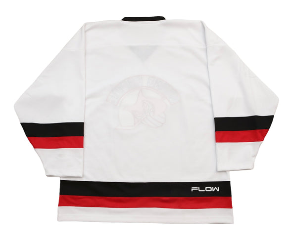 Grand Rapids Owls™ 1978-79 White Jersey (BLANK) with retro red and black striping, vintage hockey style design