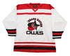 Grand Rapids Owls™ Modern White Jersey (BLANK) with retro hockey logo and red and black stripe accents on sleeves and hem