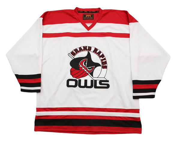 Grand Rapids Owls™ Modern White Jersey (BLANK) with retro hockey logo and red and black stripe accents on sleeves and hem